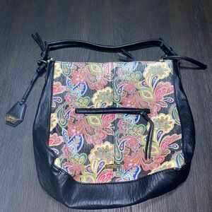 Black Leather Shoulder Bag with Vibrant Paisley Design